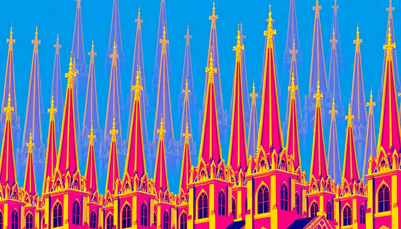 A bold, stylized illustration of a Catholic church steeple repeated in a grid pattern, rendered in a bright, neon color palette with heavy black outlines, conceptually representing the consolidation of parish resources.