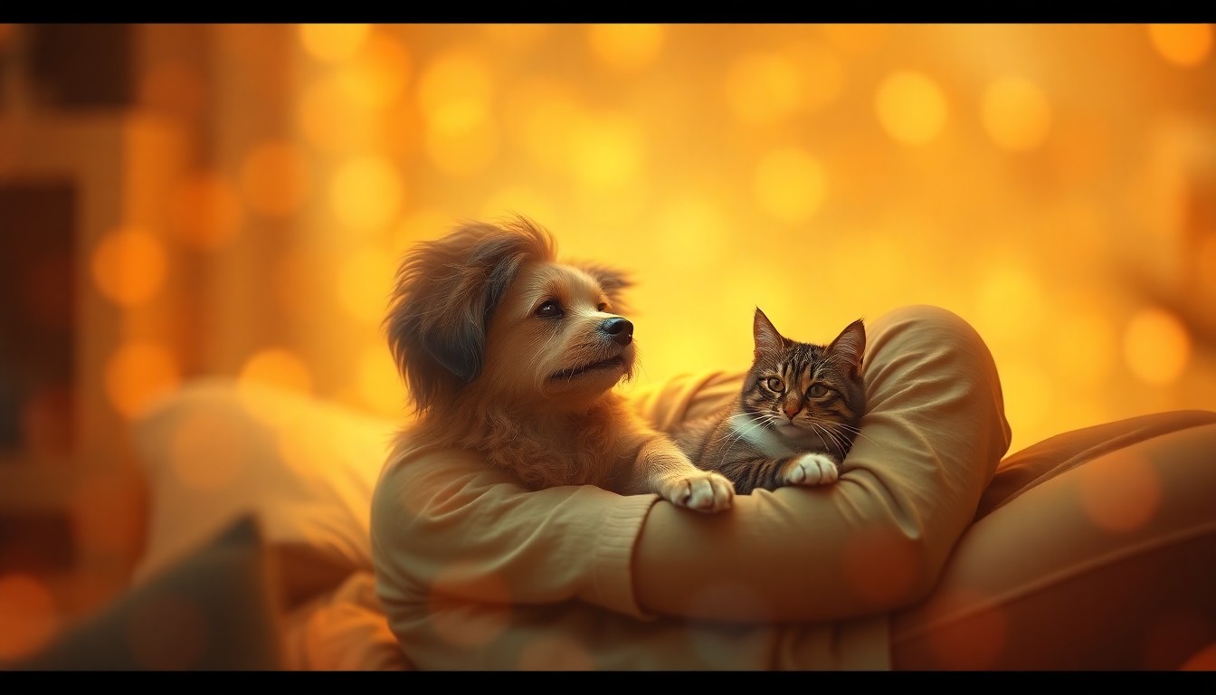 An abstract, impressionistic scene of soft, blurred colors and light, conveying the tender bond between a person and their adopted pets.