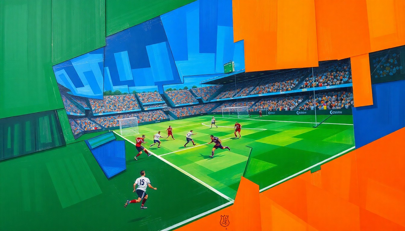 A fragmented, geometric painting depicting the movement and dynamics of a soccer game, with sharp planes of green, blue, and orange overlapping to create a sense of motion and competition.