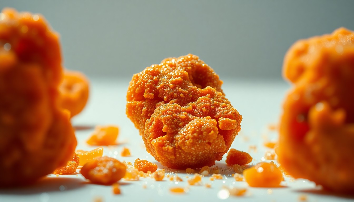An extreme close-up of a shattered, glittering Popeyes chicken nugget captured in dramatic, high-contrast studio lighting, creating a glamorous, high-fashion aesthetic that conceptually represents the limited-edition, collectible nature of the Popeyes x ONE PIECE collaboration.