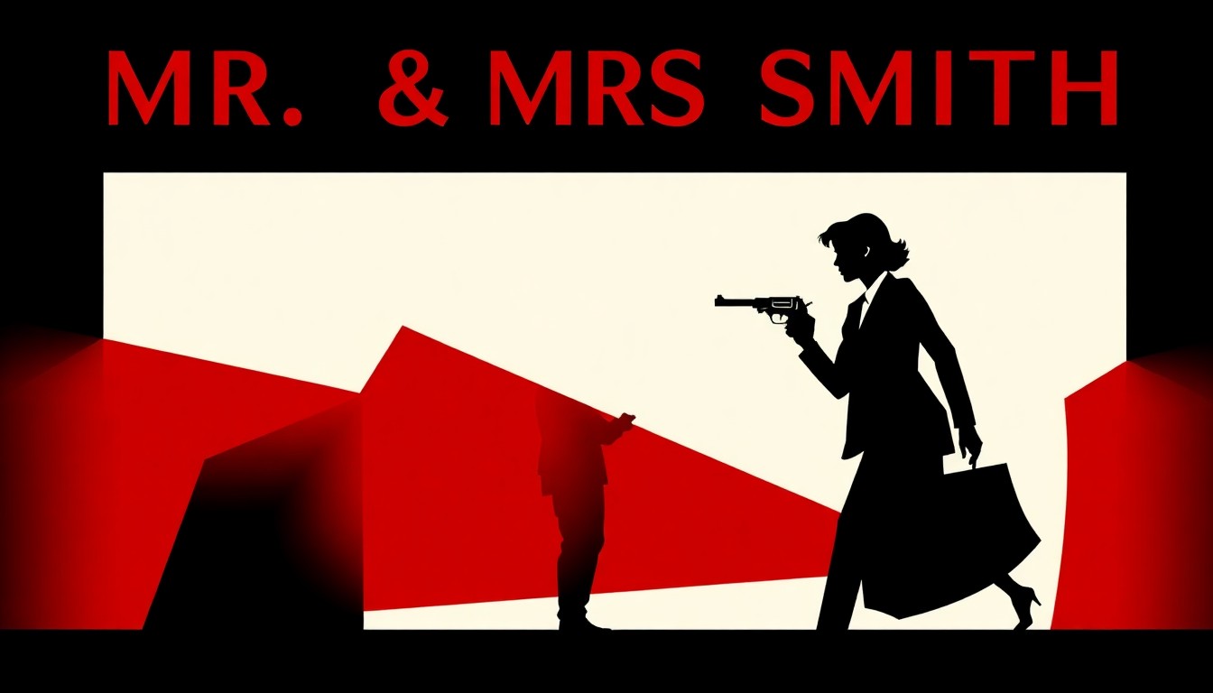 A bold, abstract composition of stark black silhouettes and geometric shapes in high-contrast red and white, conceptually representing the spy drama and action of the 'Mr. & Mrs. Smith' series.