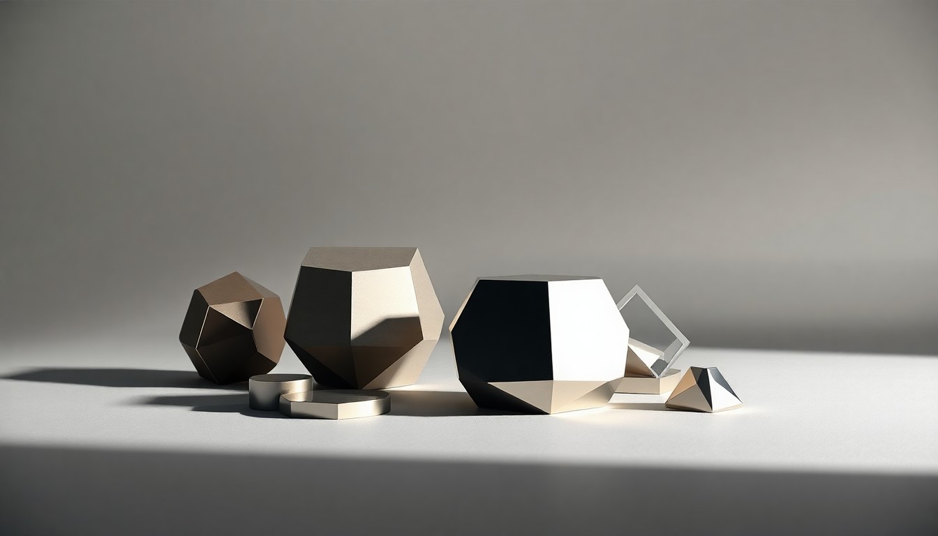 A high-end, photorealistic studio still-life photograph featuring a collection of premium, polished geometric objects arranged elegantly on a clean, monochromatic background. The scene conveys a sense of precision, sophistication, and transformation through the use of dramatic lighting and shadows, symbolizing the abstract concepts of corporate strategy, finance, and digital-to-physical measurement.