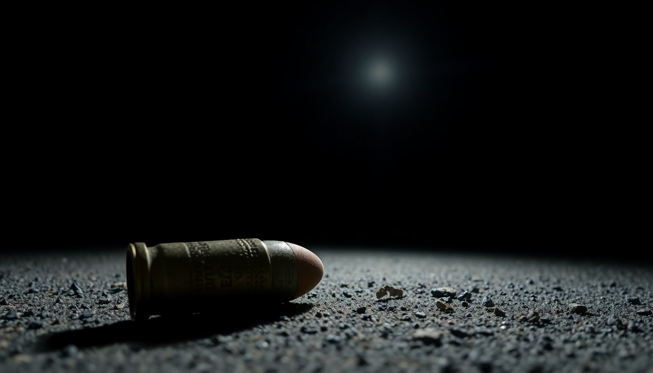 An extreme close-up photograph of a spent shell casing on the ground, lit by a harsh, direct camera flash against a pitch-black background, conveying a stark, gritty, and investigative mood without words.