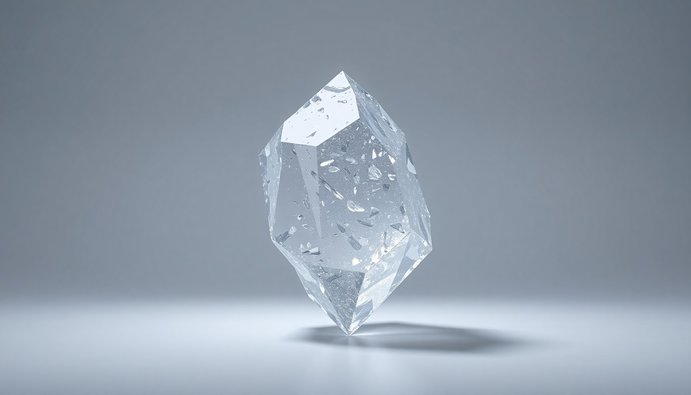 A highly polished, geometric lithium chloride crystal sculpture floating on a clean, monochromatic background, conceptually representing the abstract idea of a secure domestic lithium supply chain.