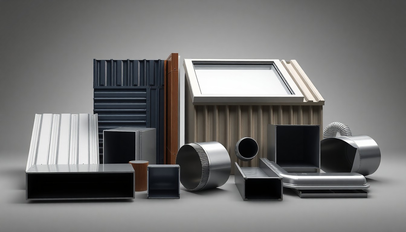 A high-end, photorealistic studio still-life photograph featuring a collection of polished, premium building materials and components from Kingspan, including insulated metal panels, skylights, and ductwork, arranged elegantly on a clean, monochromatic background to represent the company's focus on sustainable, high-performance solutions.