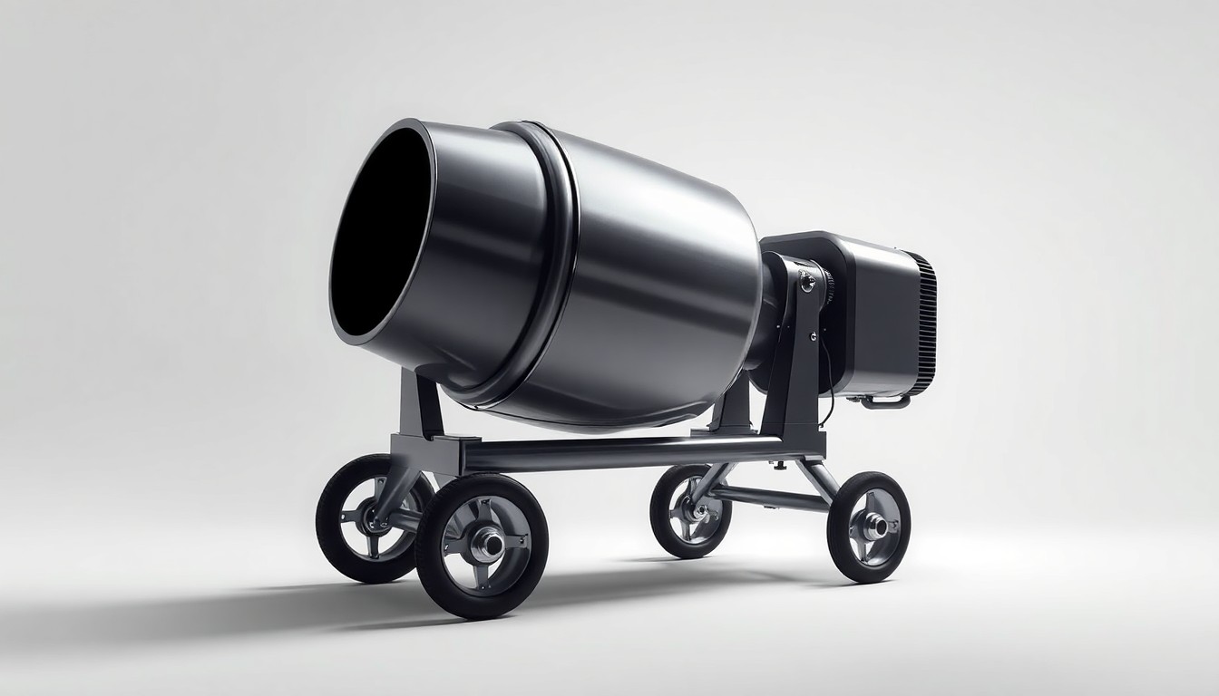 A high-end, photorealistic studio still-life photograph of a sleek, modern concrete mixer with clean lines and polished metal accents, floating on a solid white background and dramatically lit from the side to highlight the product's premium materials and design.