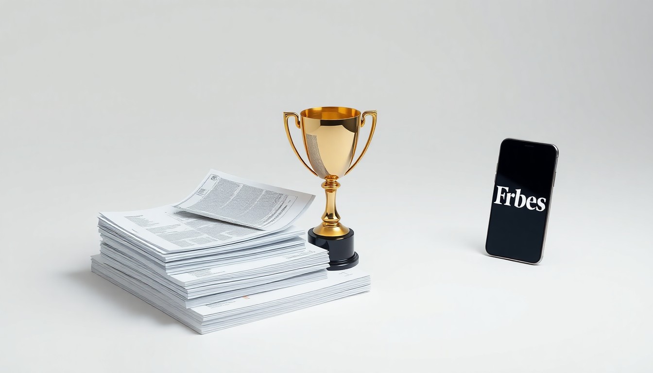 A photorealistic studio still life featuring a stack of financial reports, a trophy, and a smartphone displaying the Forbes logo on a clean, monochromatic background, symbolizing Kustom Entertainment's improved financials, industry recognition, and digital transformation.