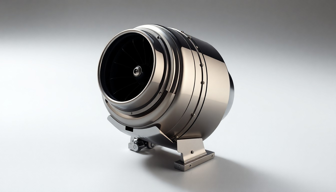 A photorealistic studio still-life photograph of a polished metal aircraft component, such as an auxiliary power unit or landing gear system, arranged elegantly on a clean, monochromatic background, conceptually representing the technical excellence and mission-critical nature of Sherwood Aviation's maintenance, repair, and overhaul services.