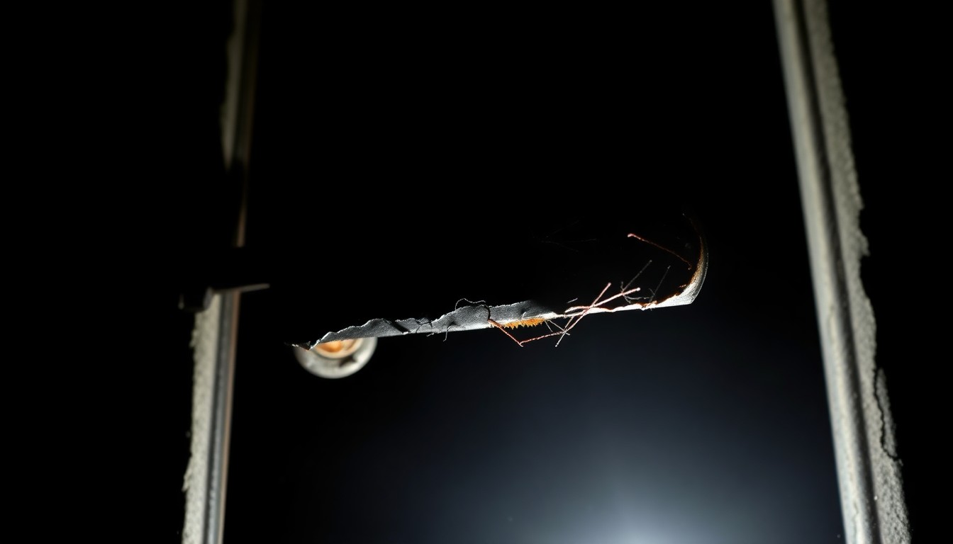 An extreme close-up photograph of a charred and twisted metal object, such as a door handle or window frame, lit by a harsh, direct camera flash against a pitch-black background, conveying the stark, gritty aftermath of a fire.