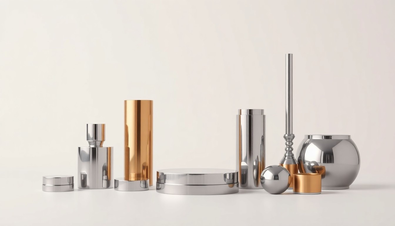 A high-end, photorealistic studio still life featuring a collection of shiny, geometric metal and glass objects arranged elegantly on a clean, white background, symbolizing the abstract concepts of corporate strategy and risk in the data center industry.