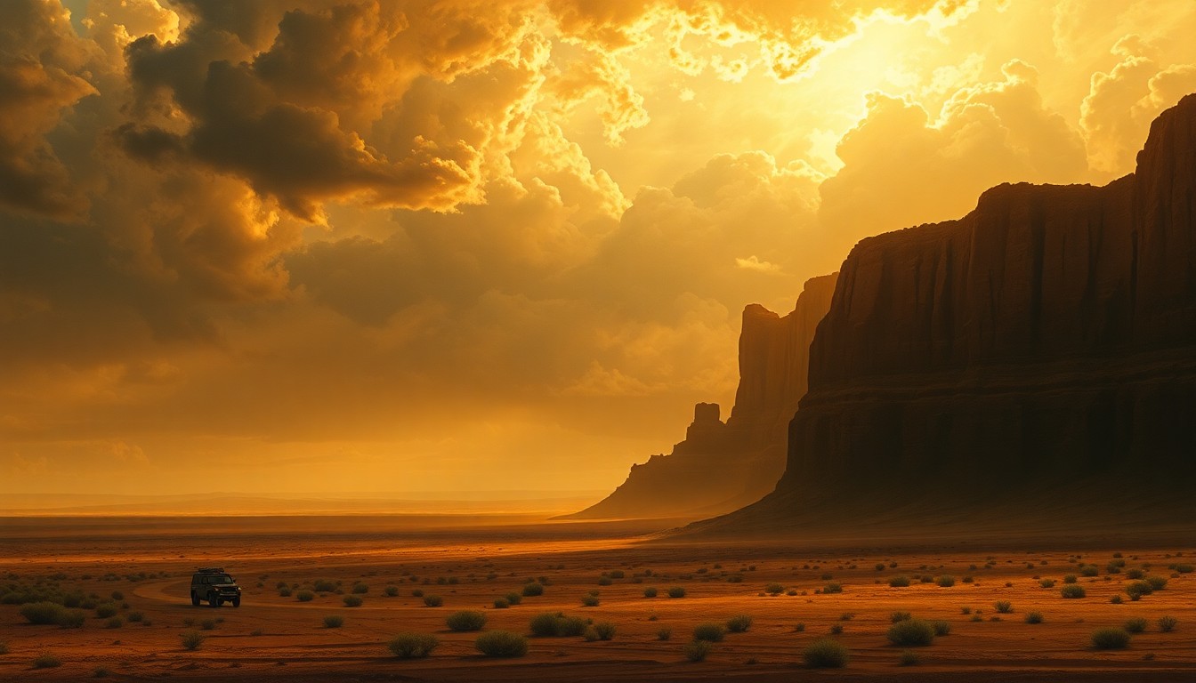 A vast, atmospheric landscape painting depicting the overwhelming scale of the Lubbock, Texas summer heat, with physical structures and vehicles dwarfed by the dramatic, sweeping vistas of the scorching environment.