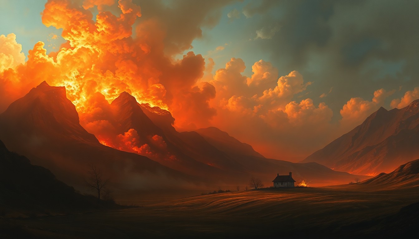 A sweeping, atmospheric landscape painting depicting a raging fire consuming a small residential structure in the distance, with the overwhelming scale of the natural world dwarfing the scene.