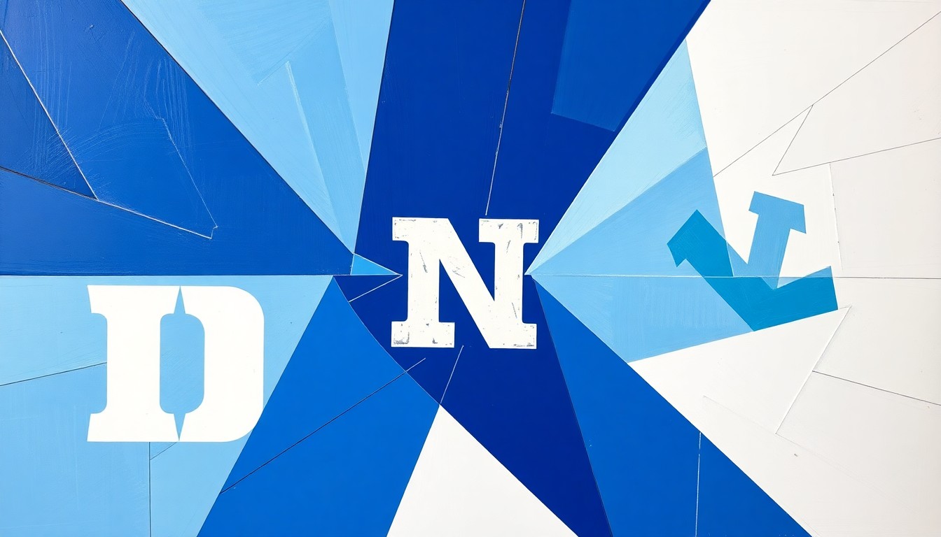 A fragmented, cubist-style painting depicting the action of a basketball game, with sharp geometric shapes and planes of color representing the two teams in competition.