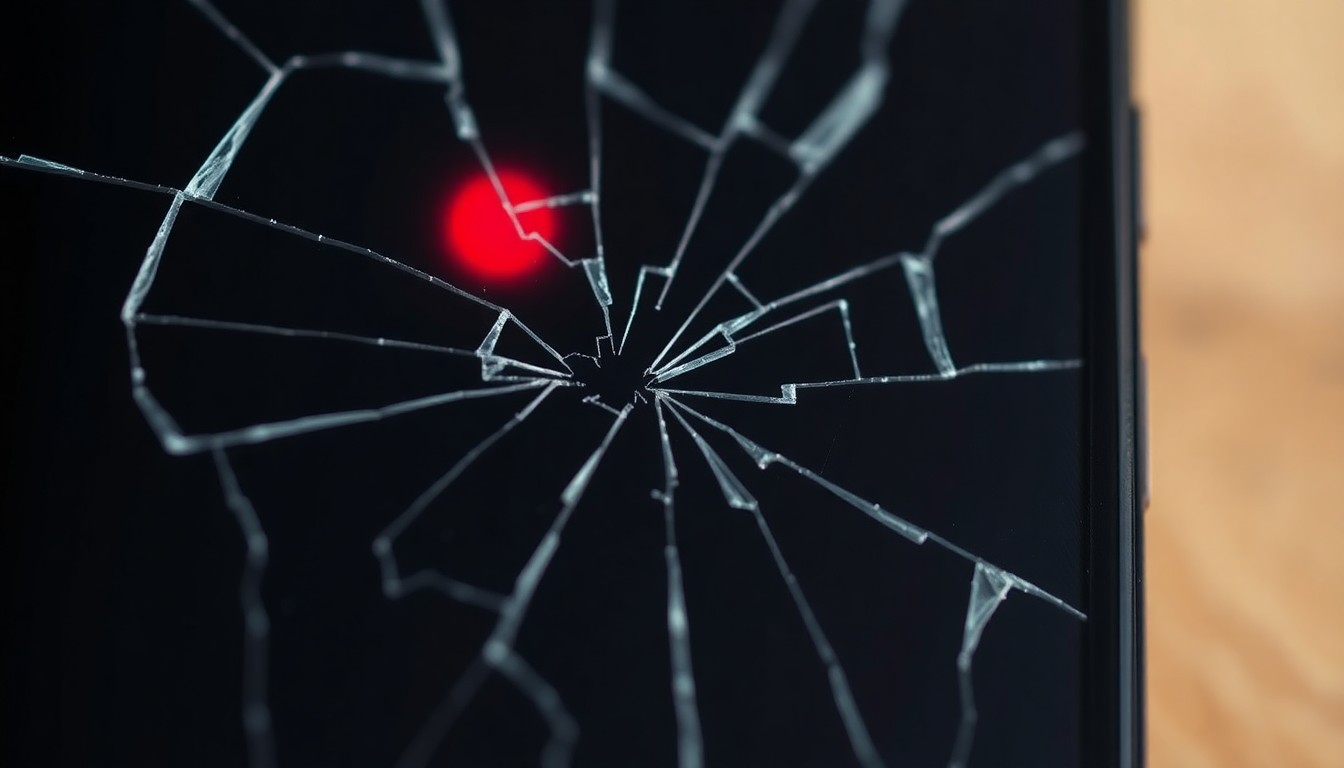 An extreme close-up of a shattered phone screen, the cracked glass reflecting a faint red light, conceptually illustrating the alleged assault and theft of evidence.