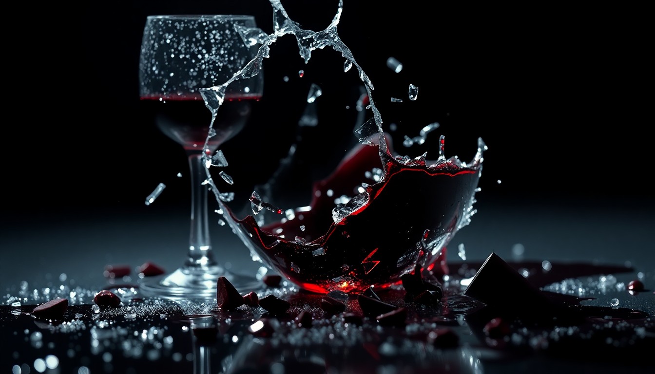 An abstract close-up photograph of shattered glass and spilled wine, captured in dramatic, high-contrast studio lighting to conceptually represent the personal turmoil behind the glamour of celebrity life.
