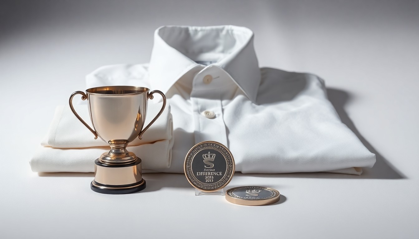 A high-end, photorealistic studio still-life photograph featuring a polished metal trophy, a crisp white shirt, and a gleaming Saputo Excellence Coin arranged elegantly on a clean, monochromatic background, conceptually representing the recognition and rewards given to the company's Difference Makers.