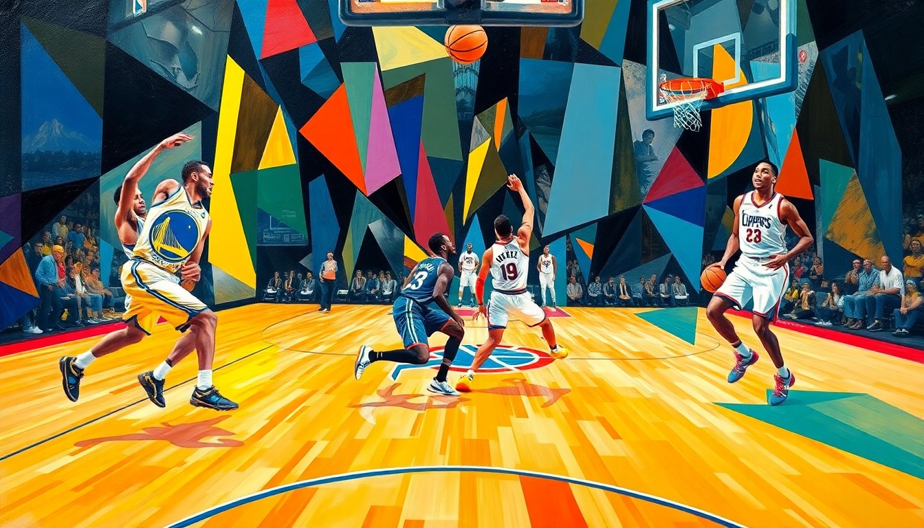 A fractured, cubist-style painting depicting the action and intensity of a basketball game, with the players' figures broken down into overlapping geometric shapes and planes of vibrant colors.