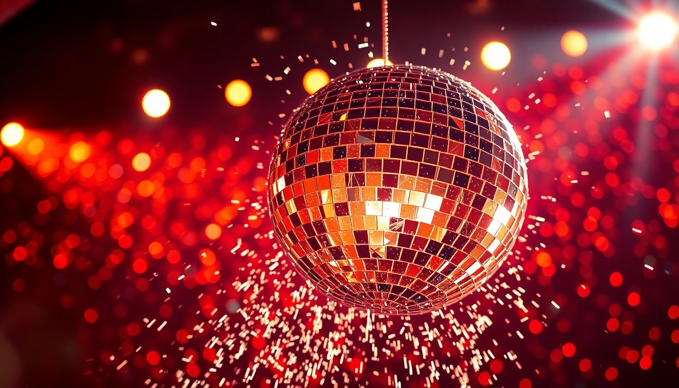 An extreme close-up photograph of glittering, high-contrast stage lights reflecting off the shattered, faceted surface of a disco ball, creating an abstract, glamorous texture that captures the celebratory atmosphere of a George Strait concert.