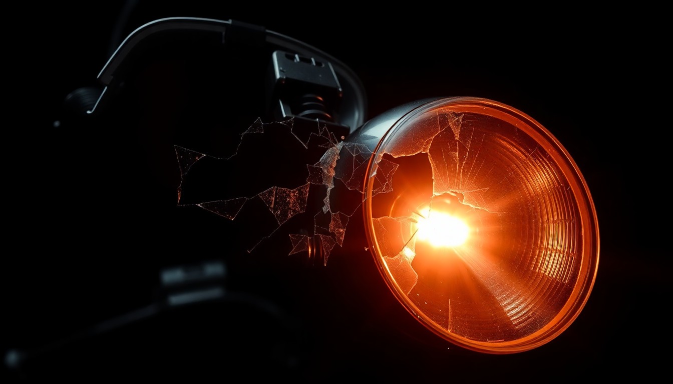 An extreme close-up photograph of a shattered motorcycle part, such as a mirror or turn signal lens, lit by a harsh camera flash against a pitch-black background, conveying the gritty aftermath of a fatal drunk driving collision.