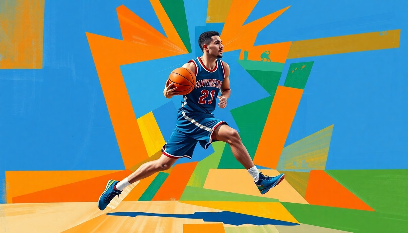 A fractured, cubist-style painting depicting a college basketball player in motion, with sharp geometric planes of blue, orange, and green overlapping to create a dynamic, abstract representation of the sport.