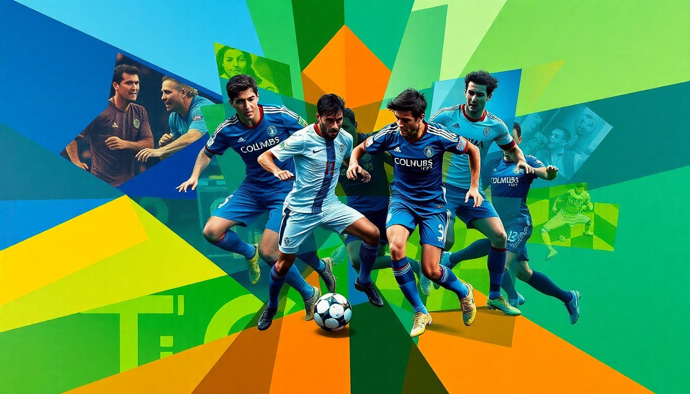 A fragmented, geometric painting depicting a soccer match, with players' forms abstracted into angular, overlapping shapes in a vibrant color palette, conveying the dynamic energy of the game.