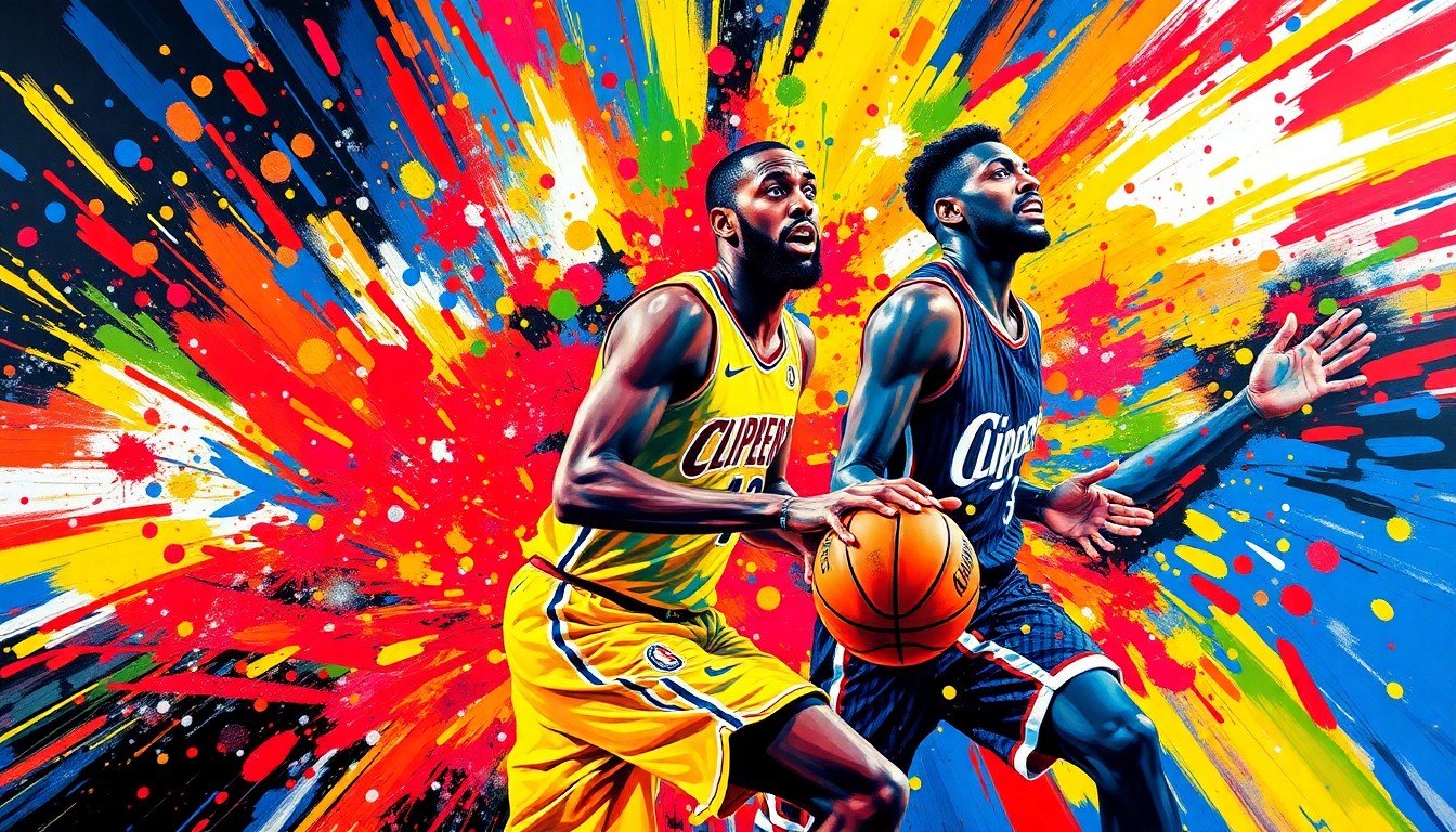 An abstract, expressionist painting in vibrant neon colors, capturing the energy and momentum of a basketball game with players' forms dissolving into unrecognizable splatters of paint.