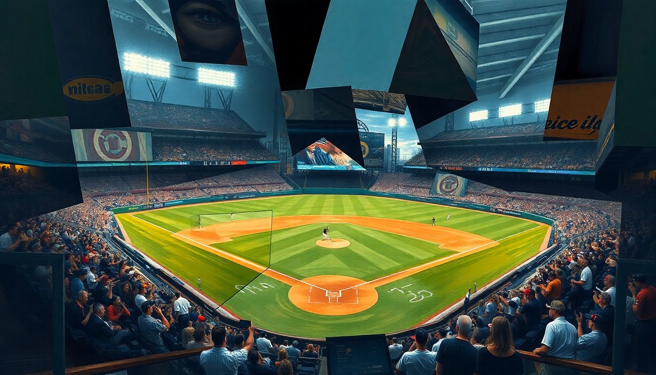 A cubist, geometric painting depicting a baseball game broken down into overlapping planes of color and shape, capturing the dynamic energy of the sport.