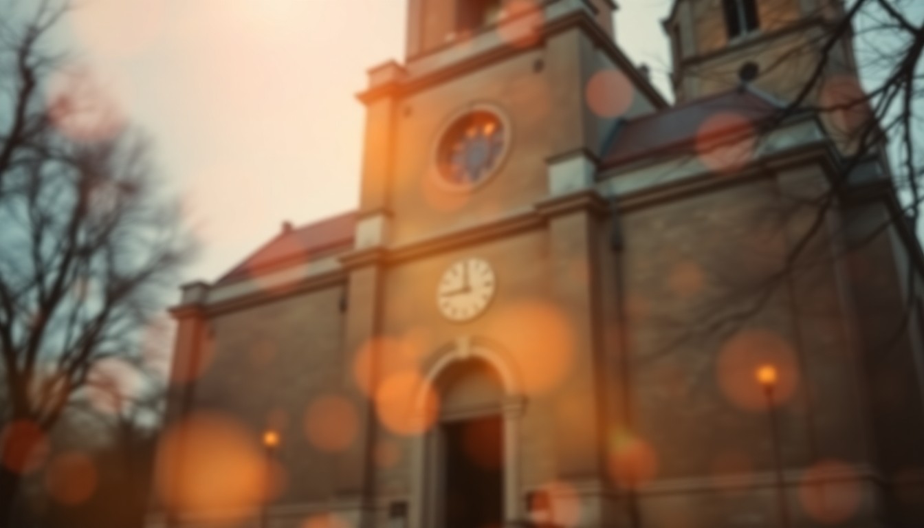 An impressionistic, blurred photograph of a church building's exterior, with warm, glowing colors and soft, hazy light creating a serene, contemplative mood.