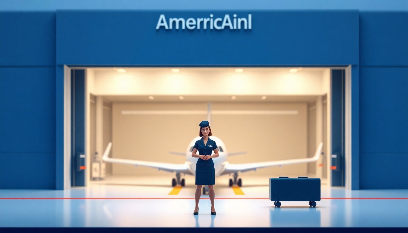 A minimalist, isometric 3D digital illustration depicting a stylized American Airlines flight attendant standing in front of a modern aircraft hangar, representing the airline's commitment to developing its team members into pilots.