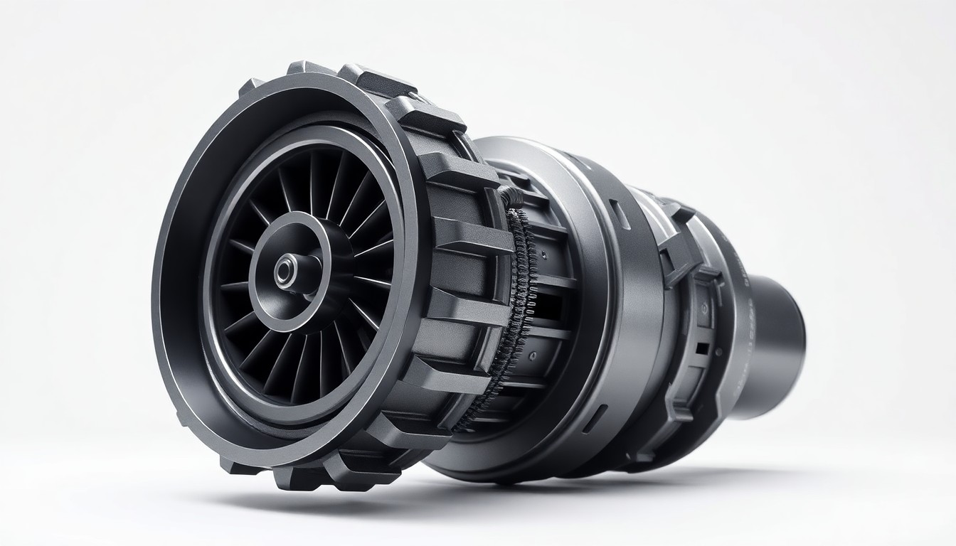 A highly detailed, photorealistic studio photograph of a metallic gear or turbine component, floating on a clean white background and dramatically lit from the side to showcase its precision engineering.