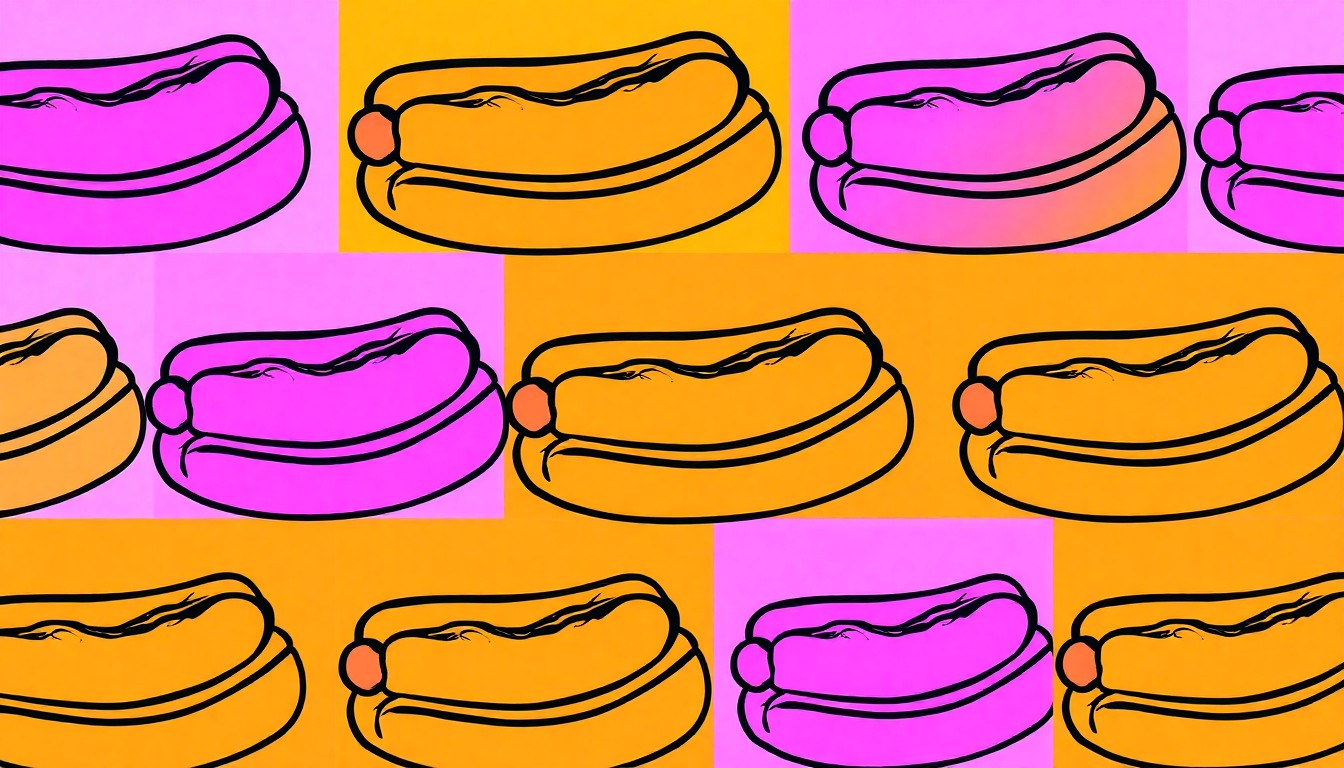 A brightly colored, high-contrast silkscreen print of a single hot dog icon repeated in a tight grid pattern, utilizing flat, unnatural neon colors and heavy black outlines to transform an everyday fast food item into modern pop art.