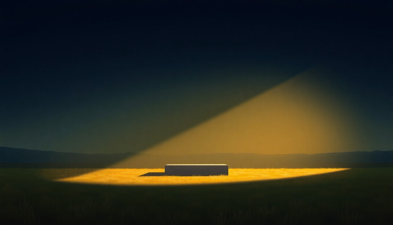 A serene, painterly scene of a lone podium set up in an open field, with warm sunlight casting deep shadows across the landscape, conveying a sense of quiet contemplation around the important environmental work being done in this region.
