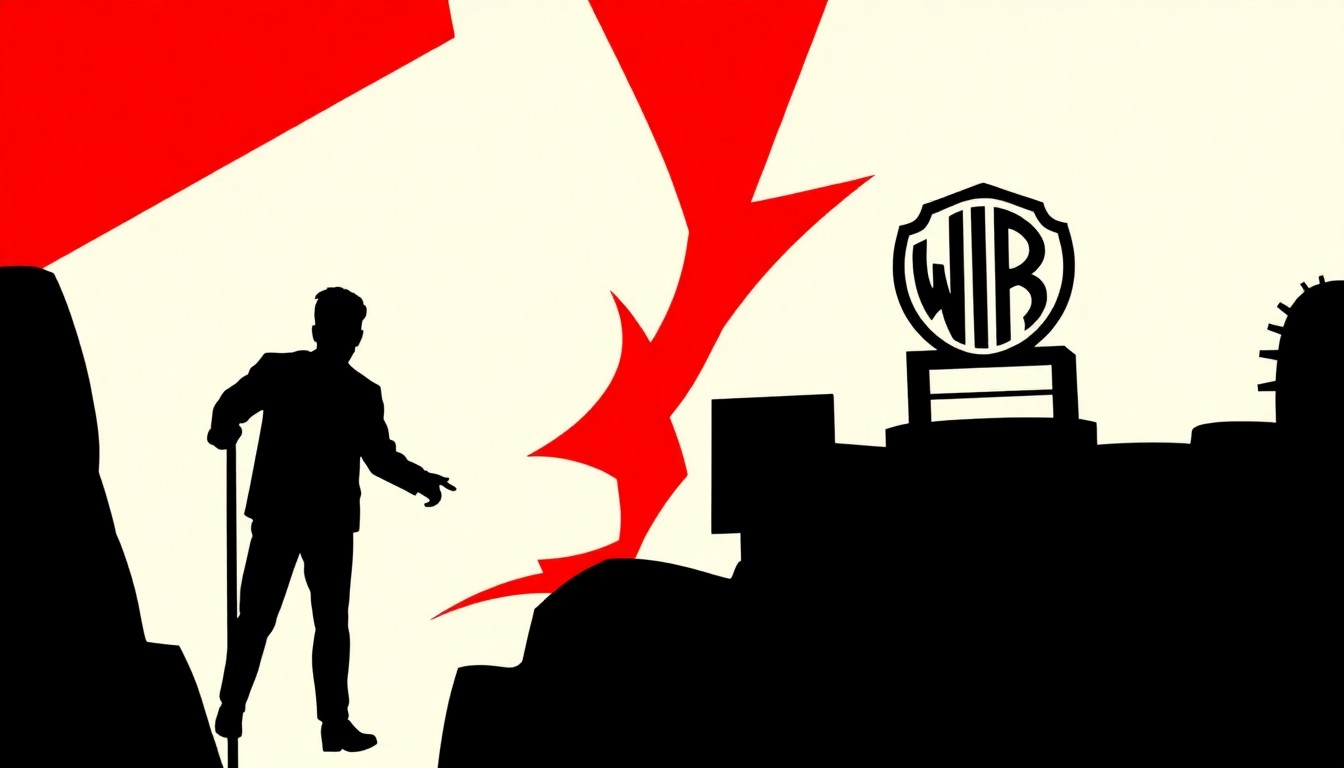 An abstract, minimalist illustration featuring sharp, angular black silhouettes and bold splashes of red and white, conceptually representing the tension between Hollywood's creative professionals and the corporate forces behind the proposed Paramount-Warner Bros. merger.