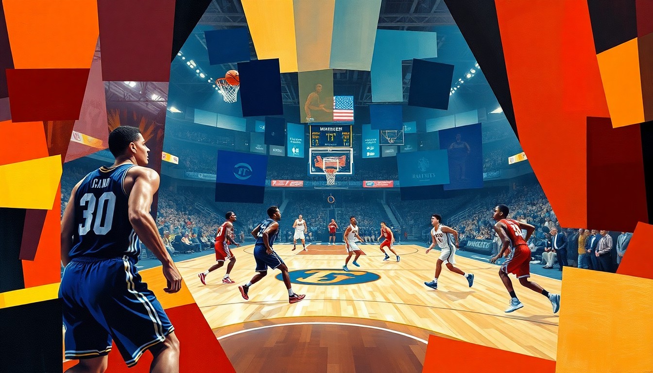 A fragmented, geometric painting depicting the dynamic movements and energy of a college basketball game, with the players' forms broken down into abstract shapes and planes of vibrant color.