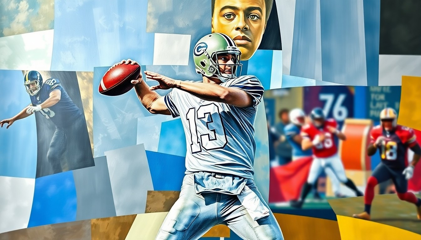 A cubist-style painting depicting a quarterback in motion, with the figure broken down into fragmented geometric shapes and planes, conveying the analytical nature of evaluating a player's professional prospects.