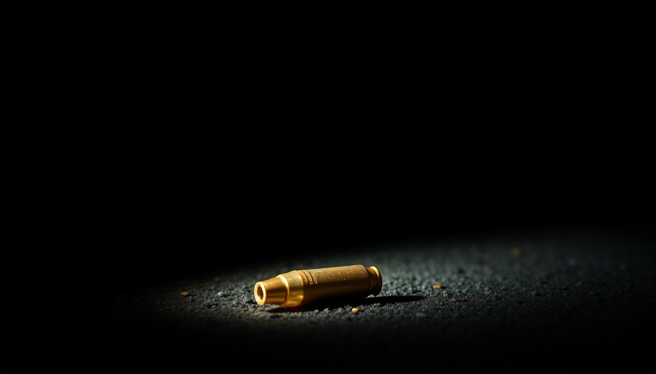 An extreme close-up photograph of a single spent bullet casing on the ground, the harsh lighting and stark contrast creating a gritty, investigative aesthetic that conceptually represents the aftermath of a violent crime incident.