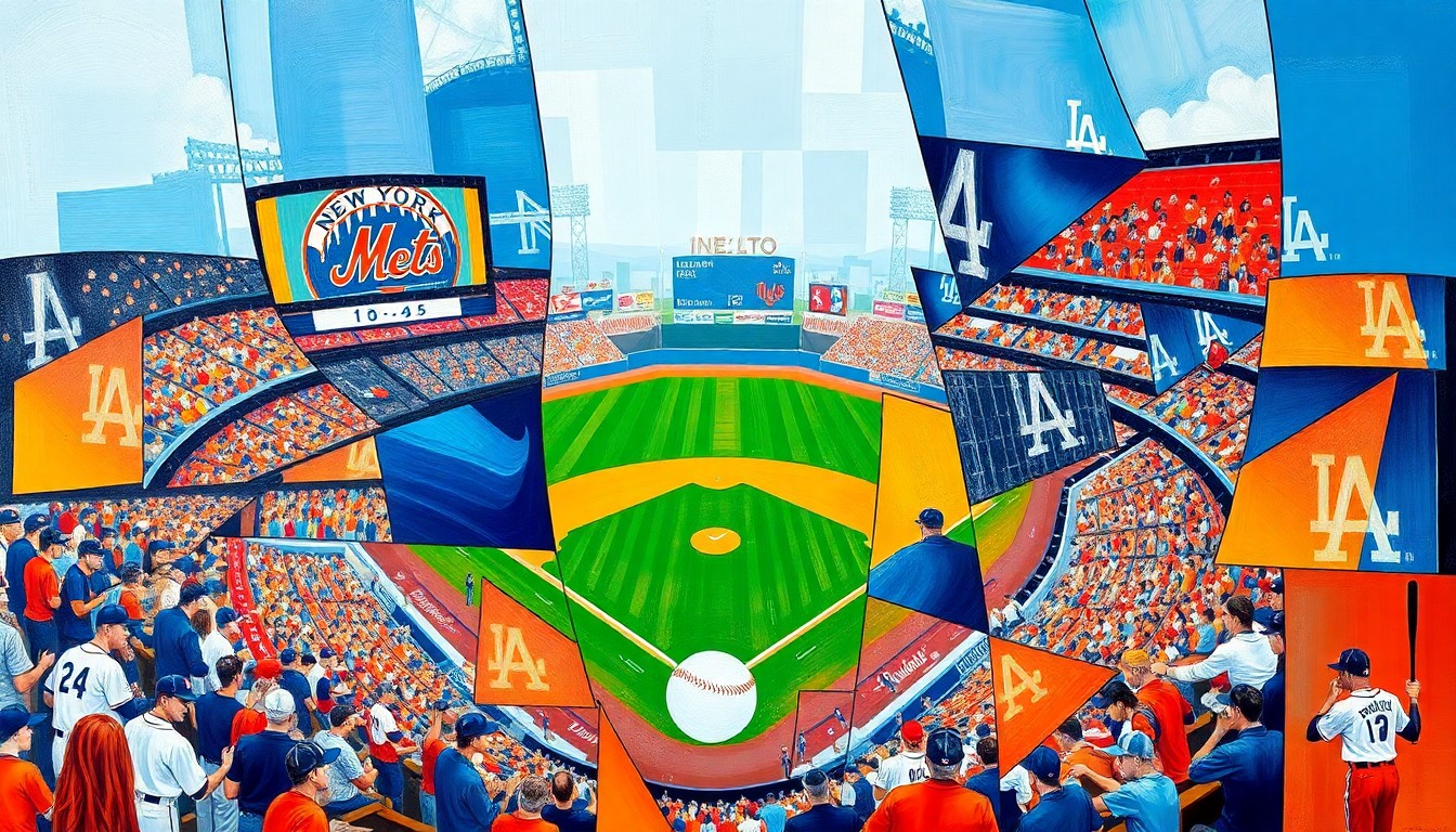 A fractured, geometric painting in bold colors representing the intensity of a baseball game between the New York Mets and Los Angeles Dodgers.