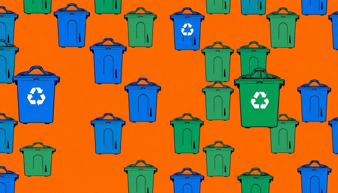 A bold, colorful grid pattern of stylized recycling and garbage bins in neon shades of blue, green, and pink, conceptually representing the introduction of a new municipal recycling service.