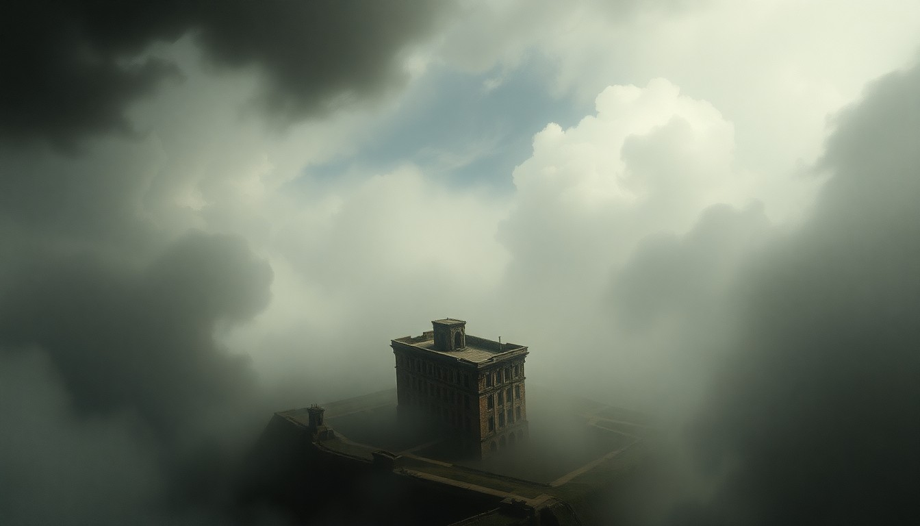 A vast, atmospheric landscape painting in muted greys and blues, depicting a swirling vortex of heavy fog and mist obscuring the details of a small, crumbling urban structure caught within it, conveying the overwhelming scale and power of the natural world.