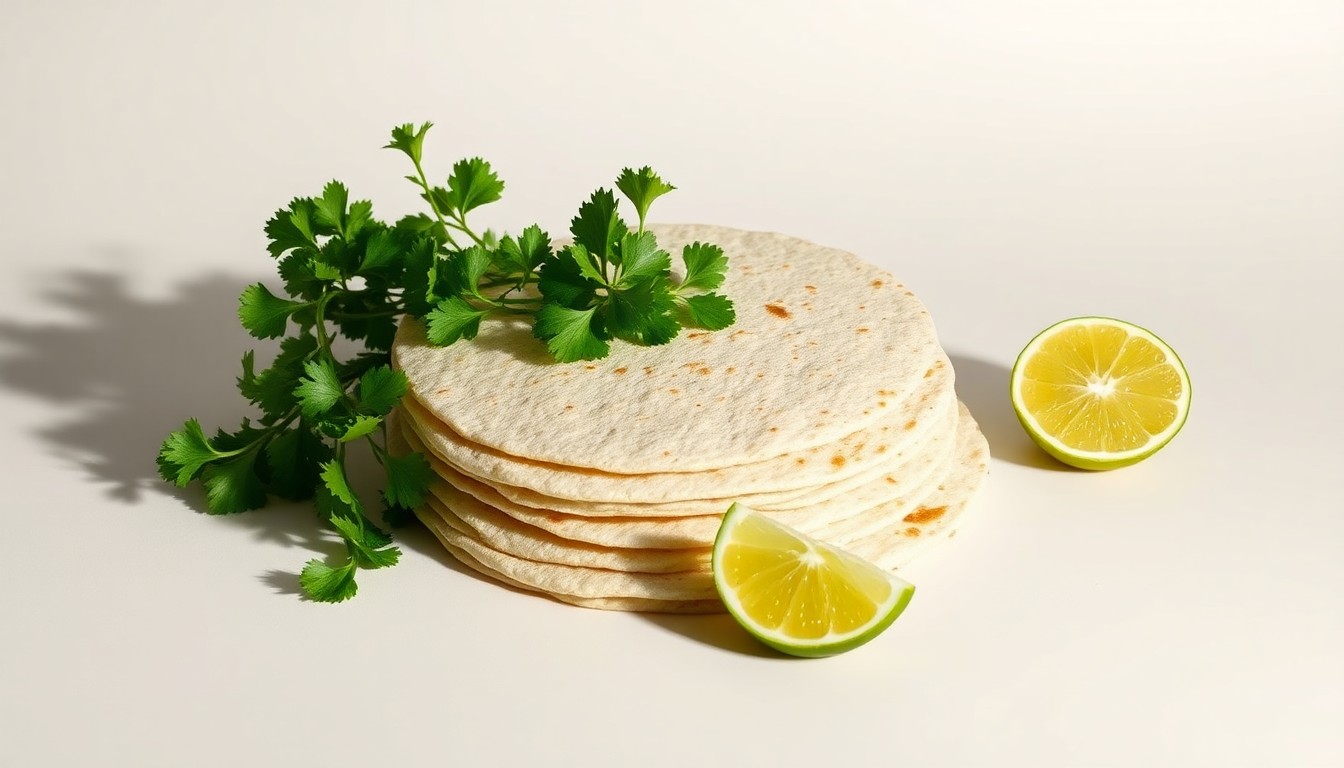 A high-end, photorealistic studio still-life photograph featuring a stack of freshly pressed tortillas, a bundle of cilantro, and a wedge of lime arranged elegantly on a clean, monochromatic seamless background, conceptually representing the premium ingredients used in Chipotle's menu.