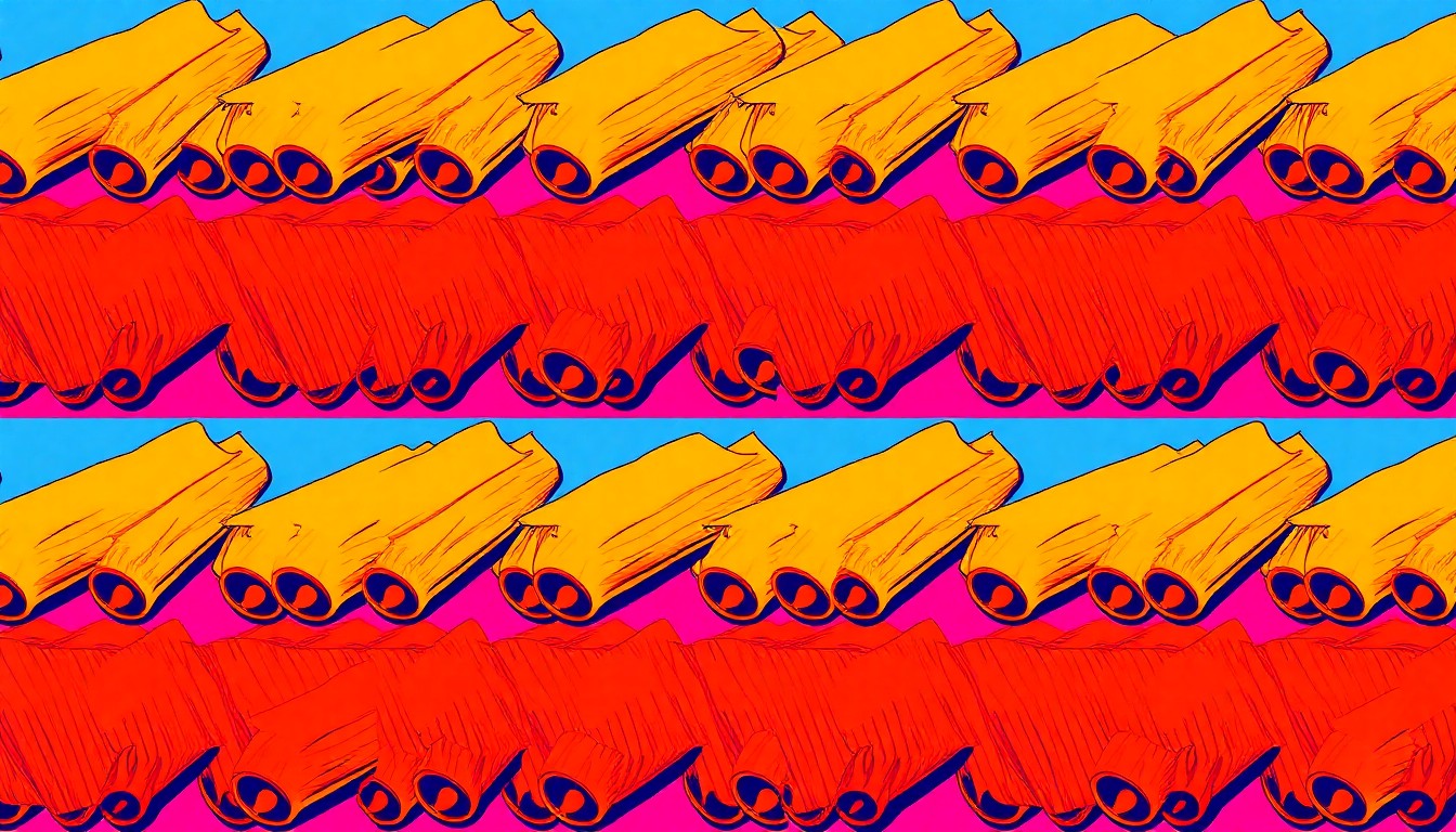 A brightly colored, high-contrast silkscreen print of a single, iconic tamale repeated in a tight grid pattern, capturing the timeless appeal of this family-owned business.