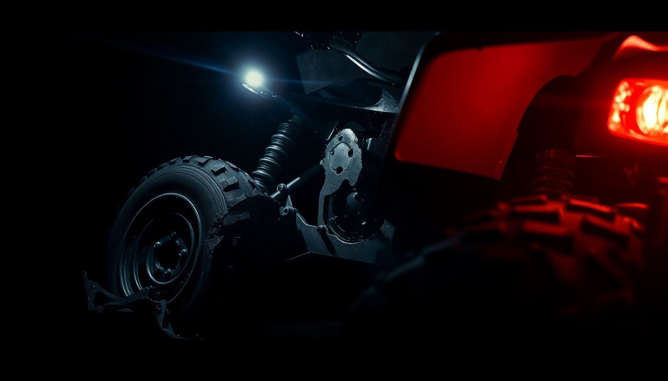An extreme close-up photograph of a damaged ATV part, such as a broken wheel or crumpled metal frame, lit by a harsh, direct camera flash against a pitch-black background, conveying a stark, gritty, investigative aesthetic.