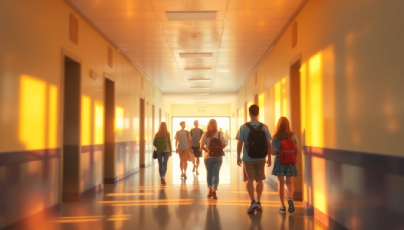An abstract, impressionistic scene of students moving through a softly lit school hallway, with blurred shapes and vibrant splashes of color creating a sense of energy and community.