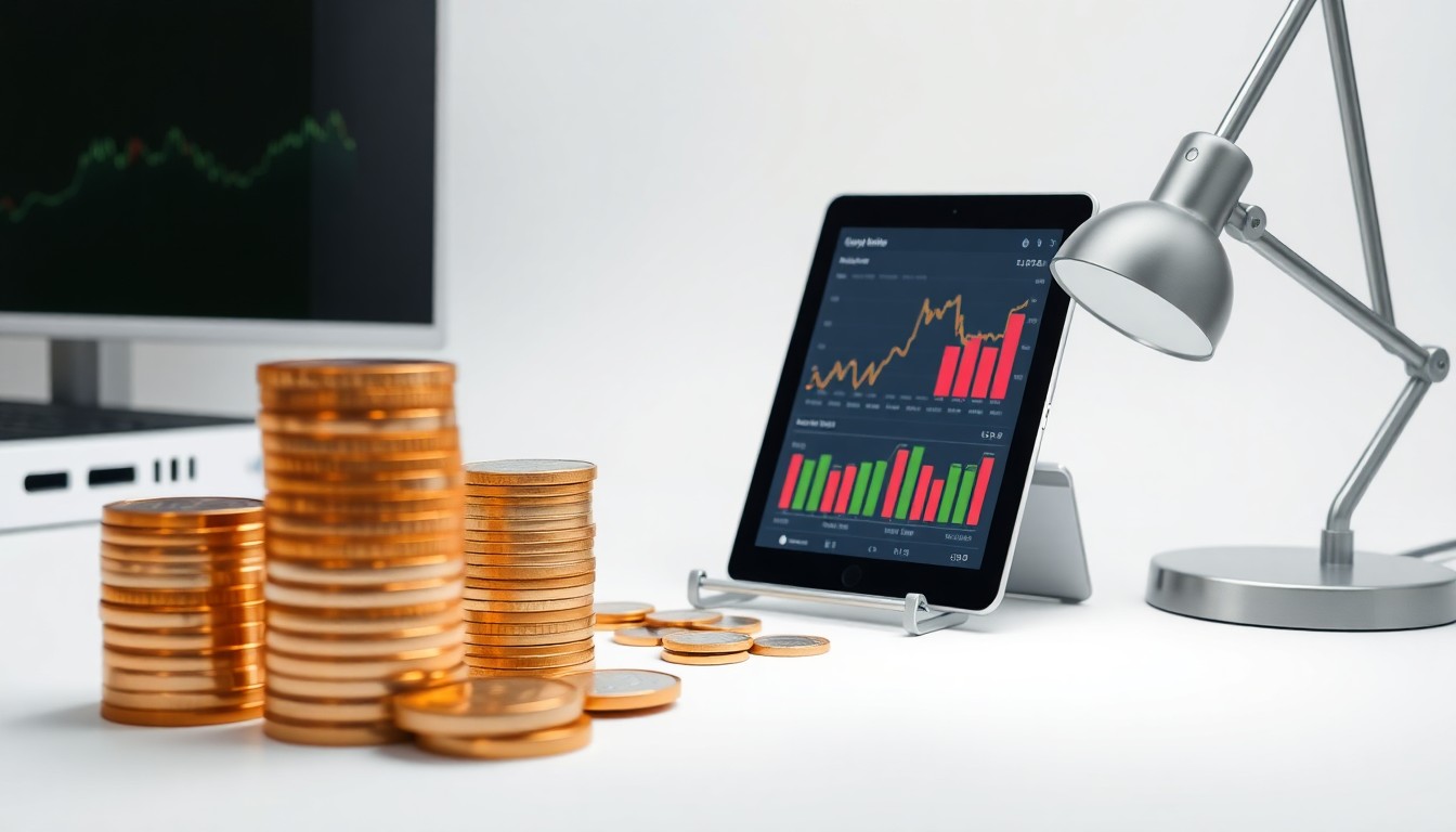 A photorealistic studio still-life featuring metallic coins, a tablet displaying stock charts, and a modern desk lamp, symbolizing the financial success and growth of Casey's General Stores.