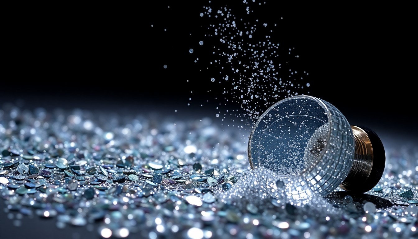 An abstract close-up image featuring a dramatic, high-contrast composition of glittering sequins and shattered glass, conceptually representing the energy and glamour of Coachella's 2026 festival.