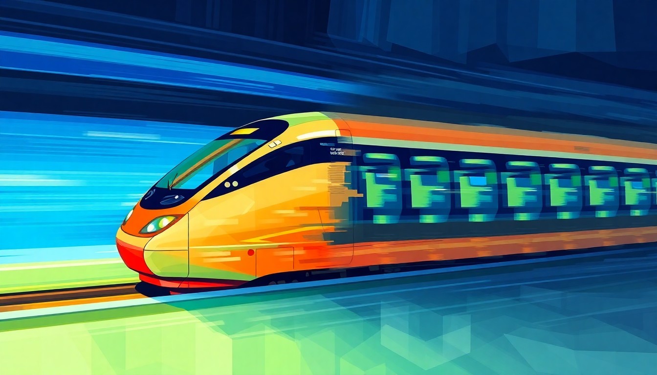 A fractured, geometric painting of a high-speed train in motion, repeated in overlapping waves of vibrant blues, greens, and grays, capturing the sense of speed and unfinished progress.