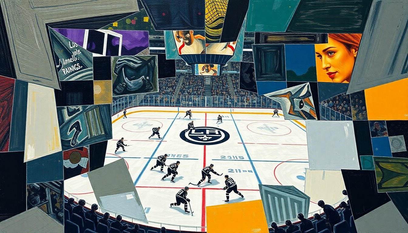 A cubist, geometric painting depicting a hockey game, with sharp, overlapping planes of color and form representing the action on the ice.