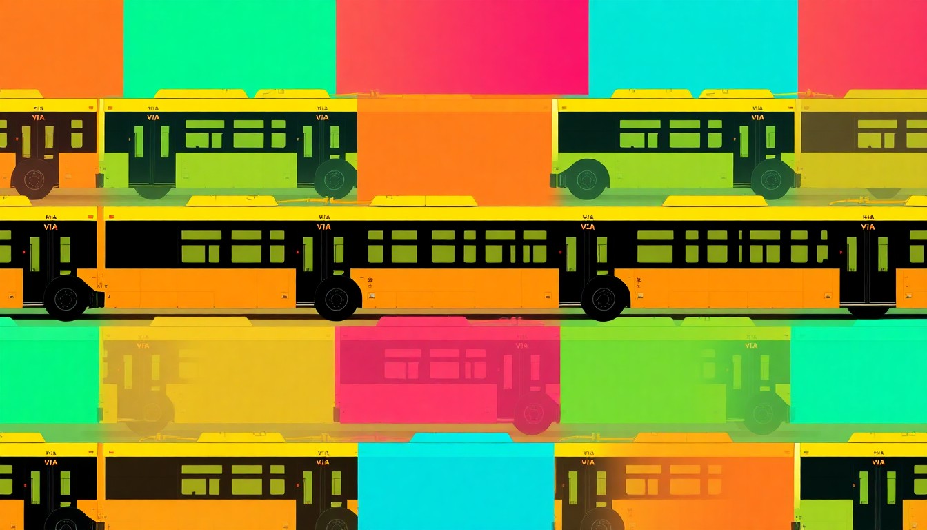A vibrant, abstract silkscreen illustration featuring a repeating pattern of a VIA Metropolitan Transit bus in bold, neon colors, conceptually representing the agency's efforts to support Fiesta through free rides and commemorative pins.