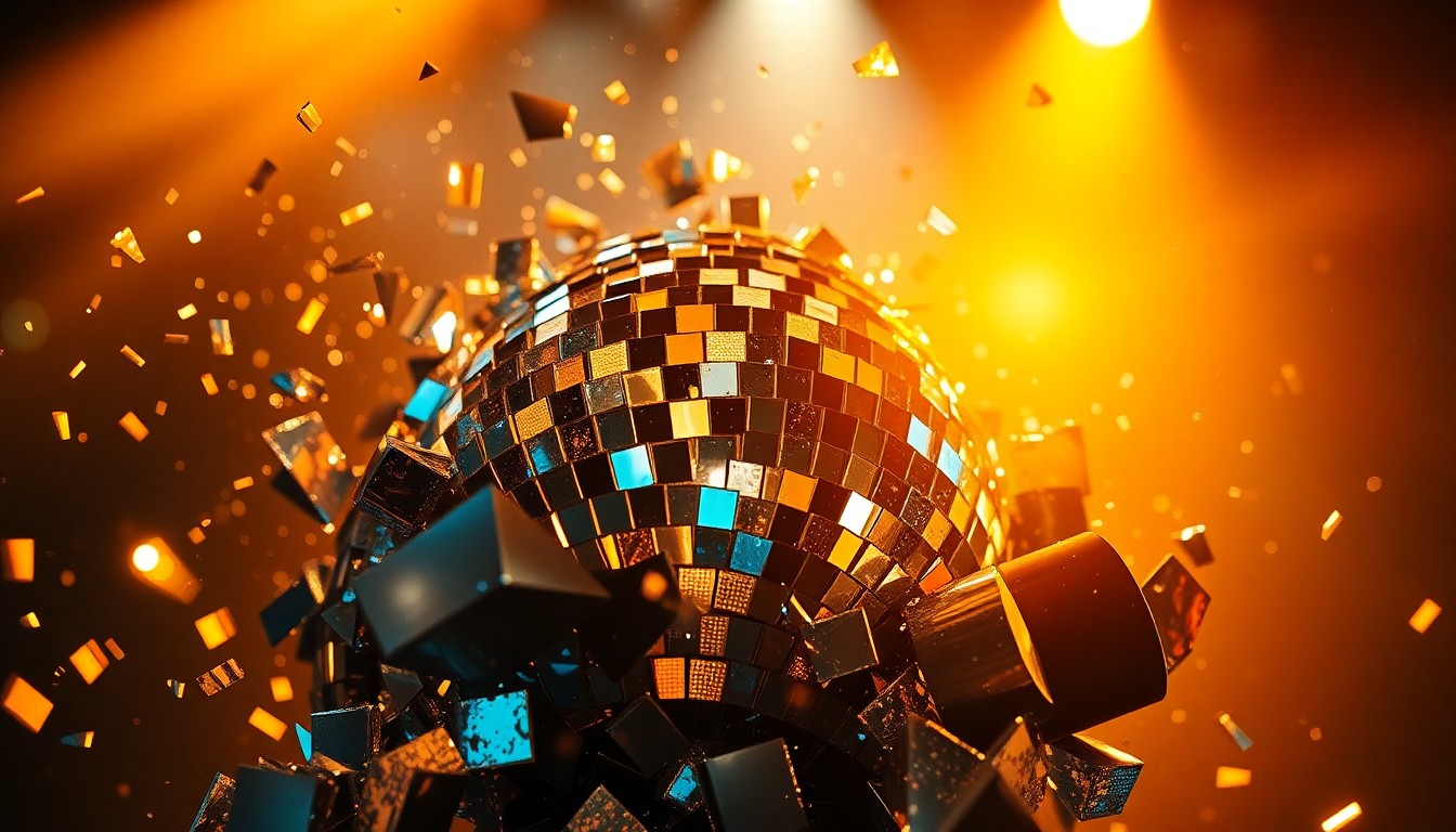 An abstract close-up photograph of shattered glass fragments reflecting bright, colorful lights, conceptually representing the energy and excitement of an unexpected musical collaboration at a major music festival.