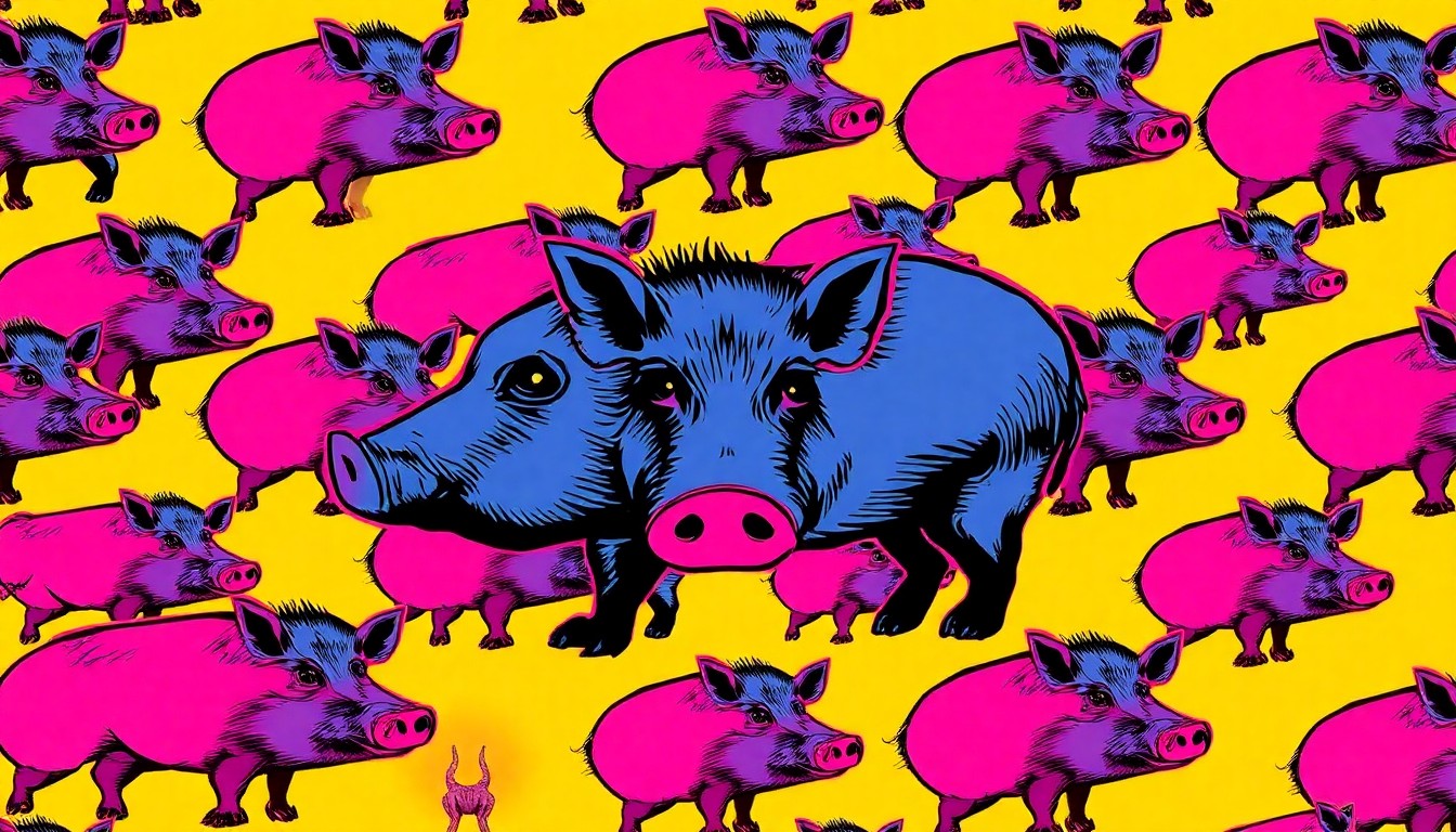 A bold, colorful silkscreen print featuring a repeated image of a feral hog in a vibrant neon color palette, conceptually representing the surge of these destructive animals in suburban neighborhoods.